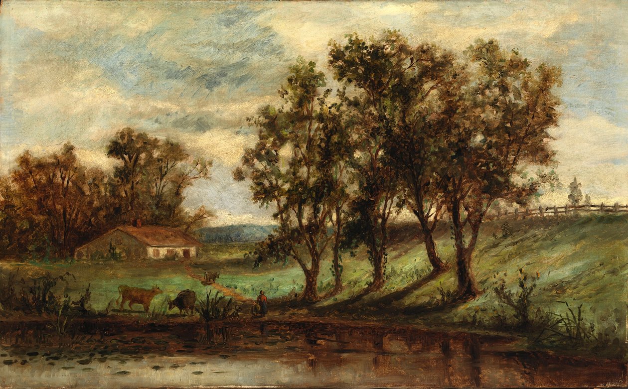 Bez tytułu (mężczyzna z krowami pasącymi się w pobliżu stawu z domem i drzewami w tle) autorstwa Edward Mitchell Bannister