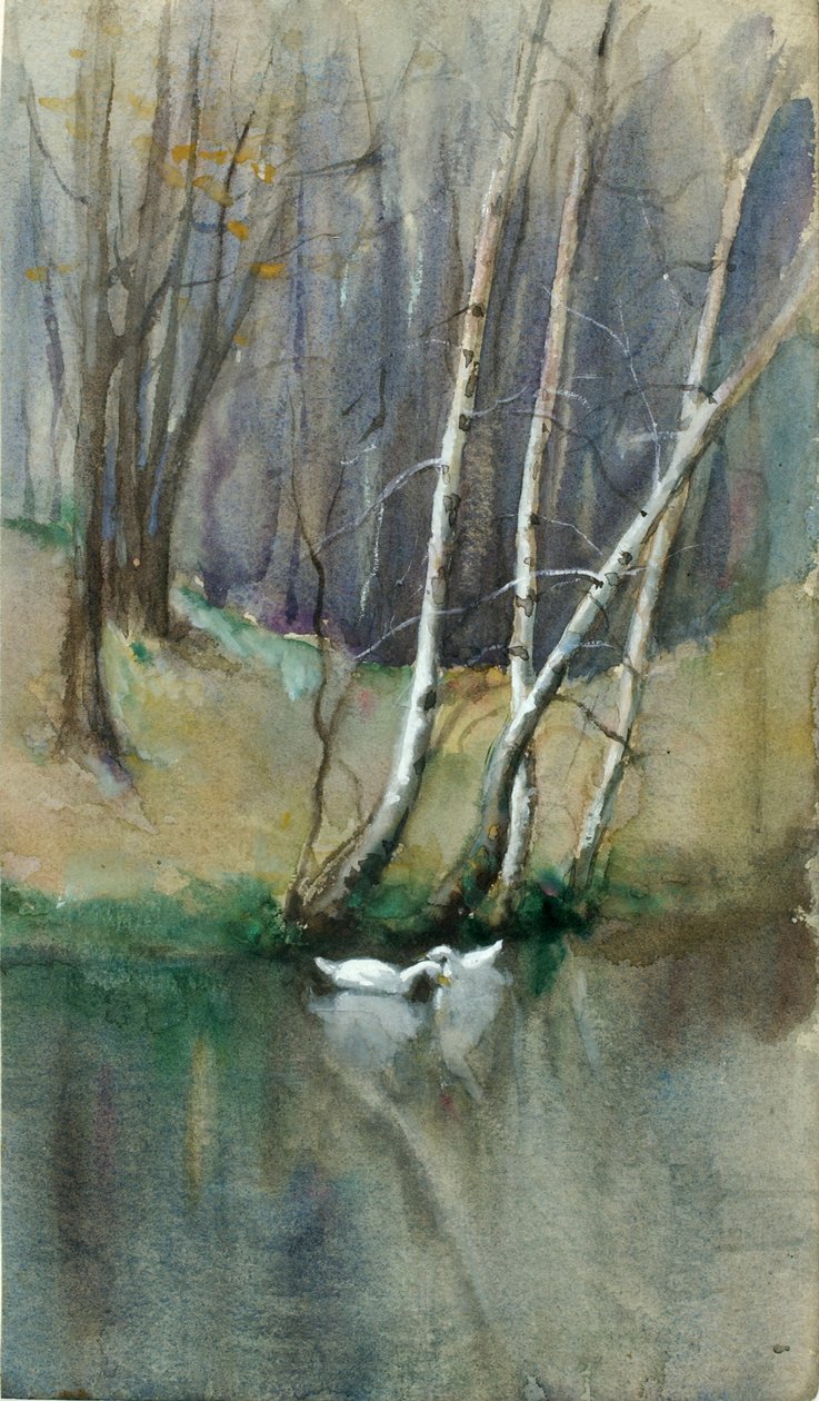 Scena z drewna bez tytułu z brzozami i kaczkami, b.d. autorstwa Edward Mitchell Bannister