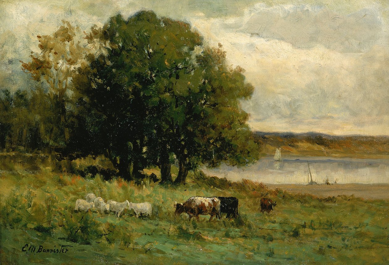 Bydło bez tytułu w pobliżu rzeki z żaglówką w oddali, b.d. autorstwa Edward Mitchell Bannister