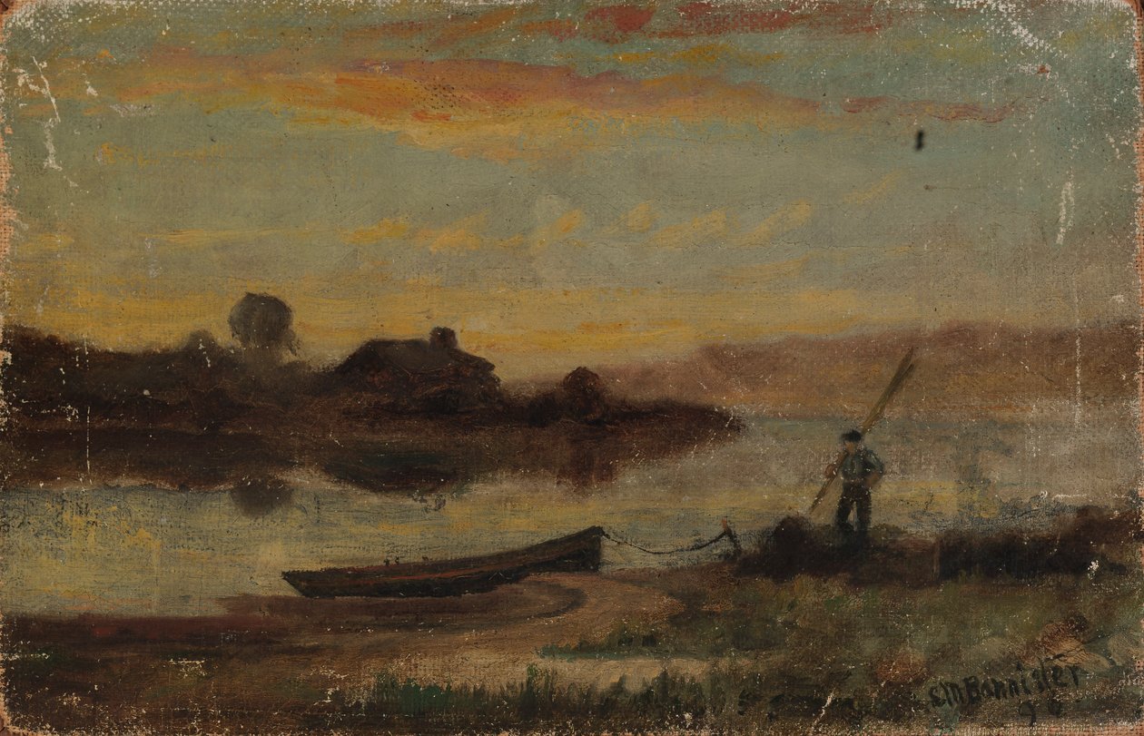 Krajobraz bez tytułu, łódź zacumowana przy brzegu z idącym człowiekiem, 1896 r. autorstwa Edward Mitchell Bannister