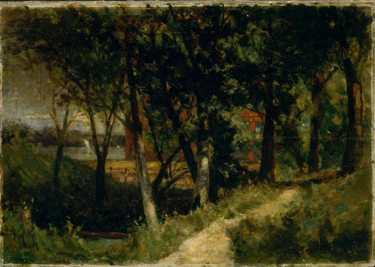 Pejzaż bez tytułu, scena leśna z czerwonym płotem i budynkiem, 1893 r. autorstwa Edward Mitchell Bannister