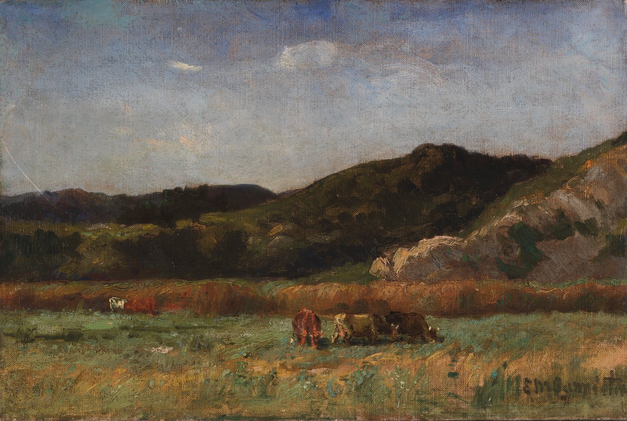 Krajobraz bez tytułu z pasącymi się krowami, wzgórza, 1891. autorstwa Edward Mitchell Bannister