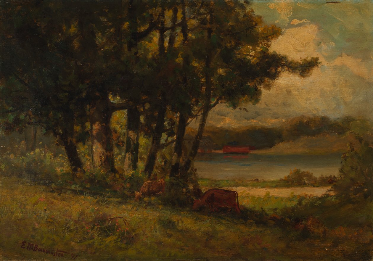 Krajobraz bez tytułu z krowami pasącymi się w pobliżu rzeki, 1891. autorstwa Edward Mitchell Bannister