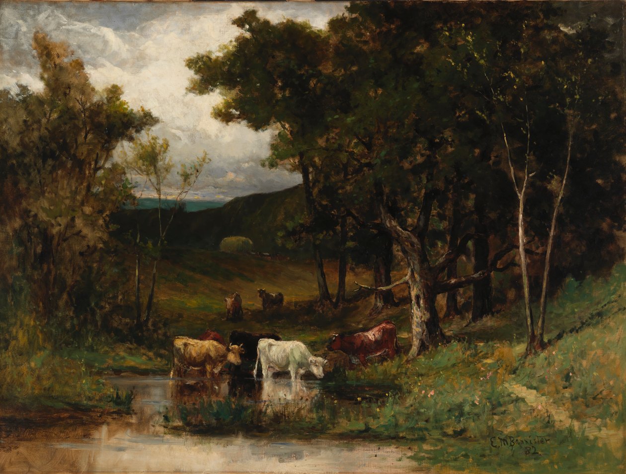 Krajobraz bez tytułu z krowami w strumieniu w pobliżu drzew, 1882 r. autorstwa Edward Mitchell Bannister