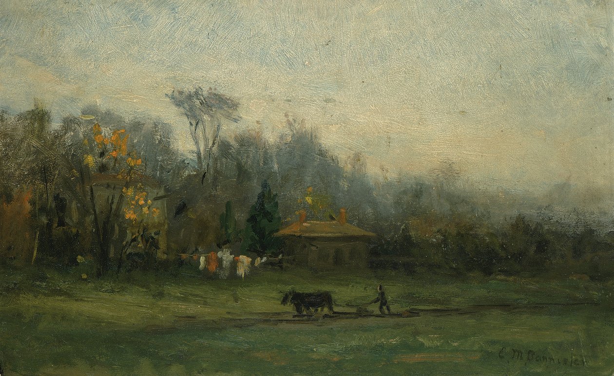 Krajobraz bez tytułu z polami orki człowieka, b.d. autorstwa Edward Mitchell Bannister