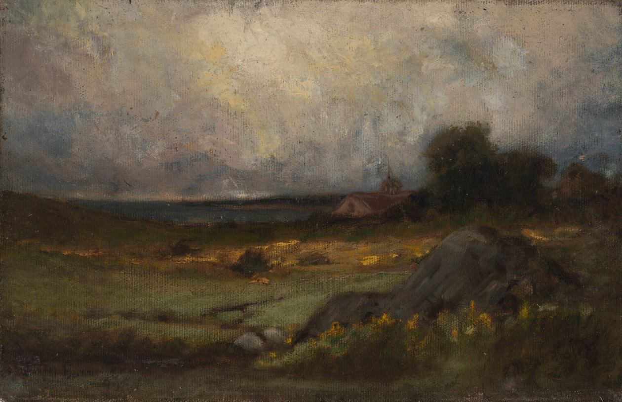 Krajobraz bez tytułu ze skałą na pierwszym planie i dachem z wieżą, jezioro w tle, b.d. autorstwa Edward Mitchell Bannister
