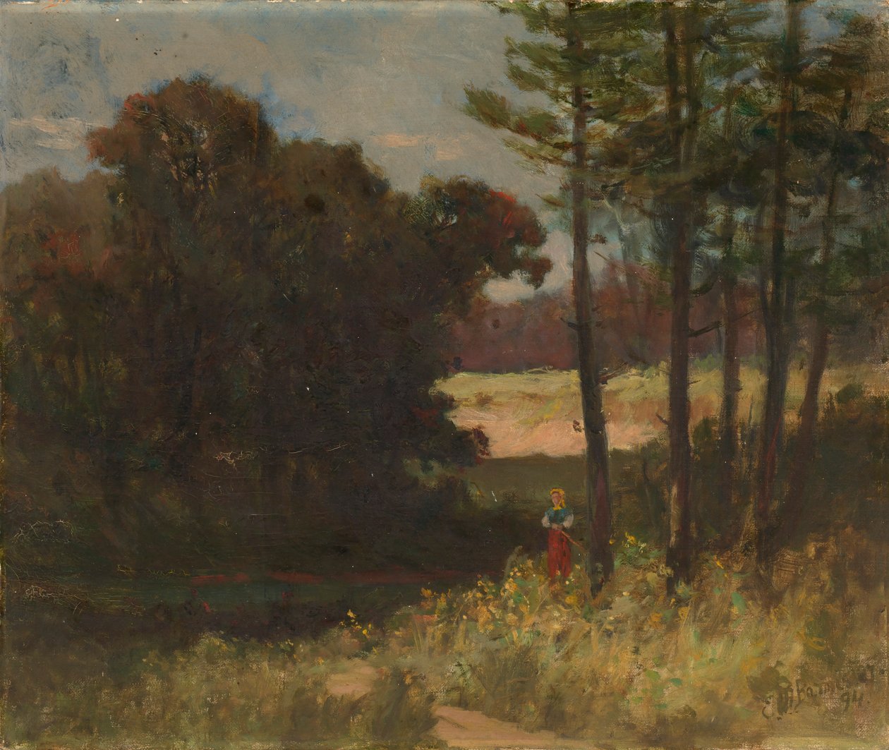 Pejzaż bez tytułu z drzewami i kobietą, 1894. autorstwa Edward Mitchell Bannister