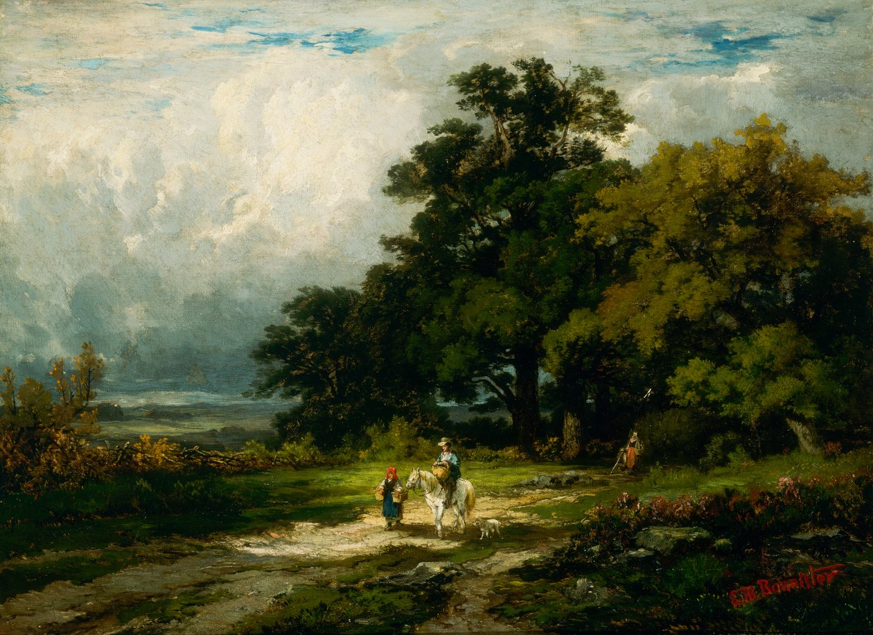 Bez tytułu mężczyzna na koniu z kobietą i psem. autorstwa Edward Mitchell Bannister
