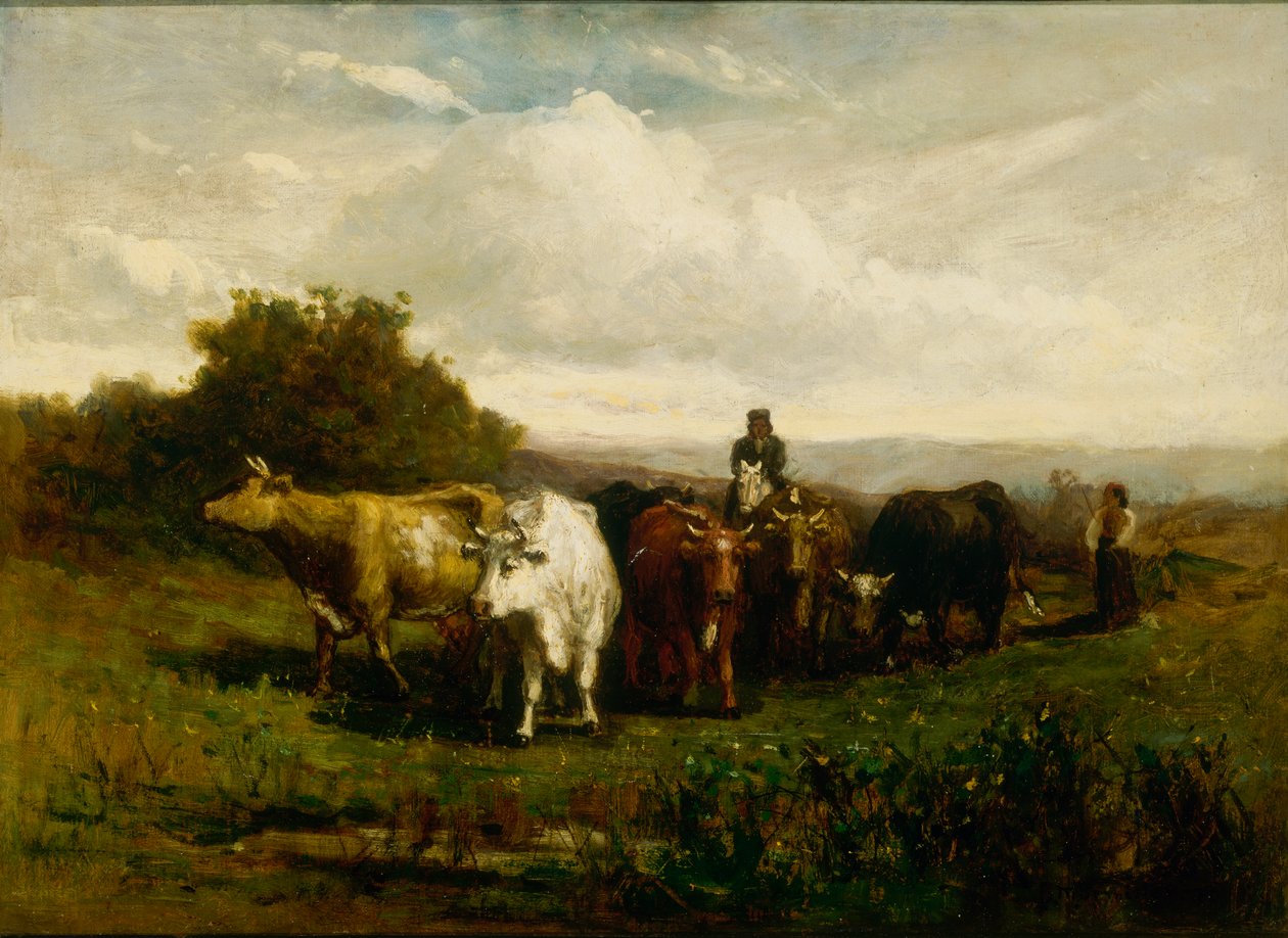 Mężczyzna bez tytułu na koniu, kobieta na piechotę pędząca bydło, 1880 r. autorstwa Edward Mitchell Bannister