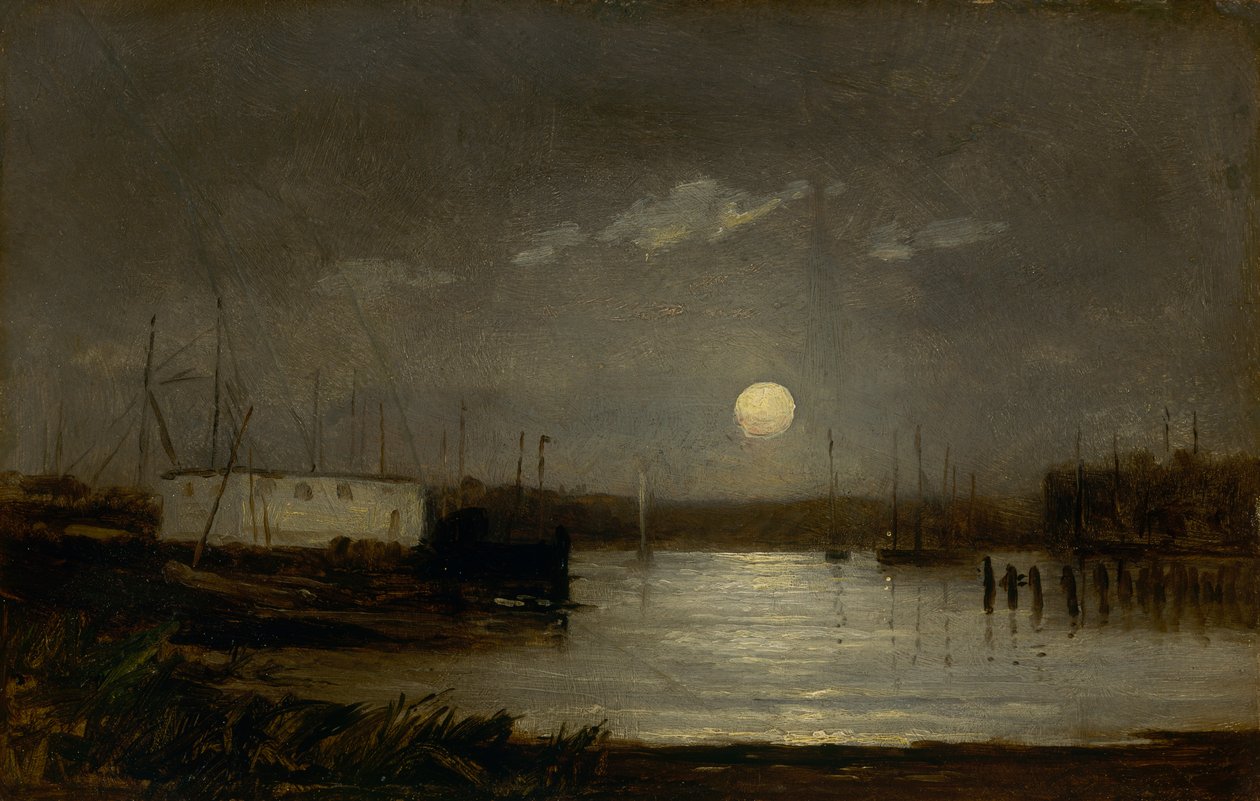 Księżyc bez tytułu nad portem, scena na nabrzeżu z pełnią księżyca i masztami łodzi, ca. 1868. autorstwa Edward Mitchell Bannister
