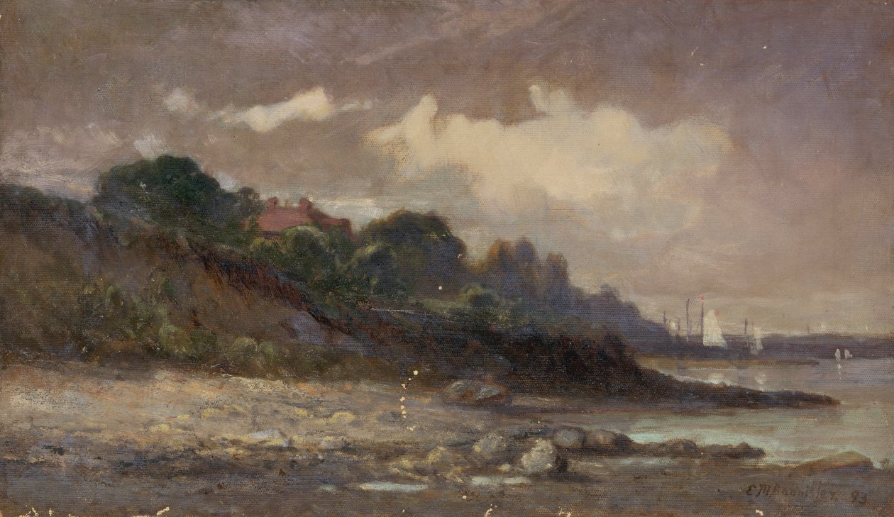 Linia brzegowa bez tytułu z żaglówkami i dachem, 1893. autorstwa Edward Mitchell Bannister
