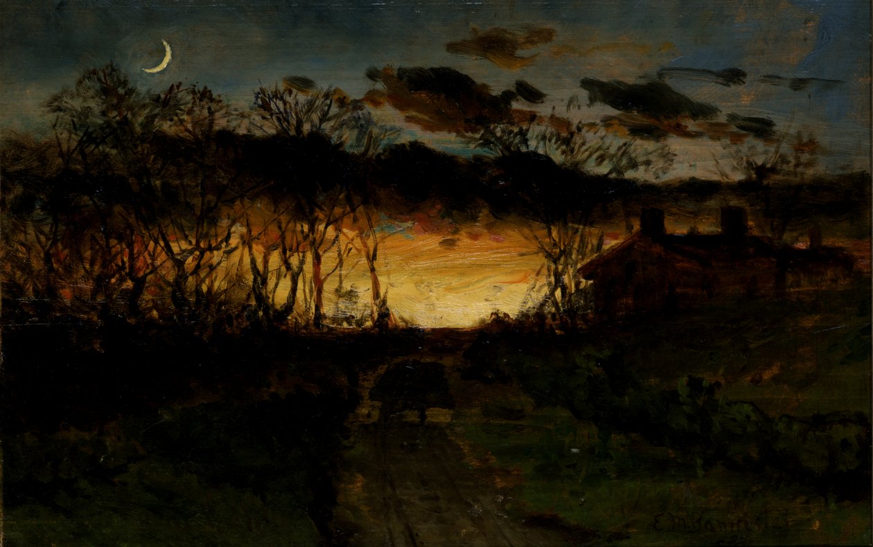 Zachód słońca bez tytułu z księżycem w kwadrze i domem wiejskim, 1883 r. autorstwa Edward Mitchell Bannister