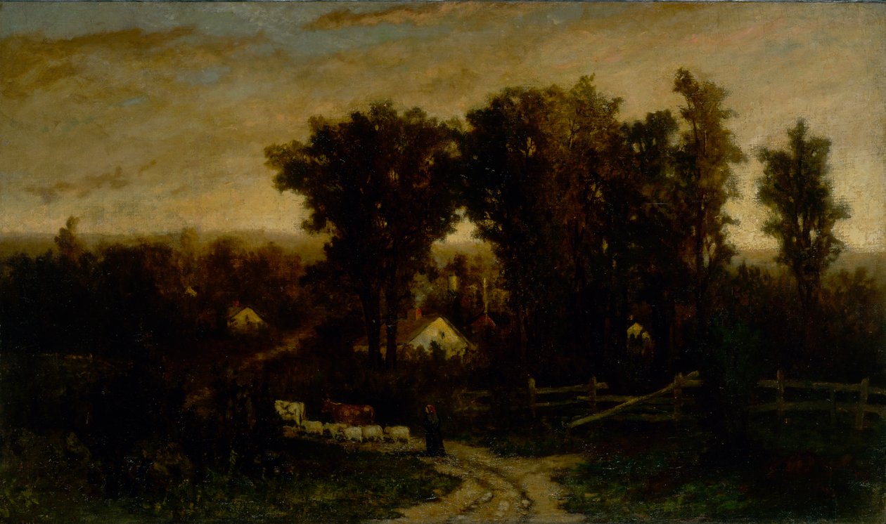 Kobieta bez tytułu z bydłem i owcami o zmierzchu, b.d. autorstwa Edward Mitchell Bannister