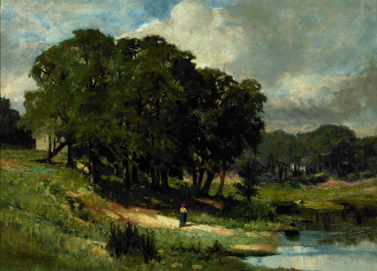 Kobieta stojąca w pobliżu stawu autorstwa Edward Mitchell Bannister