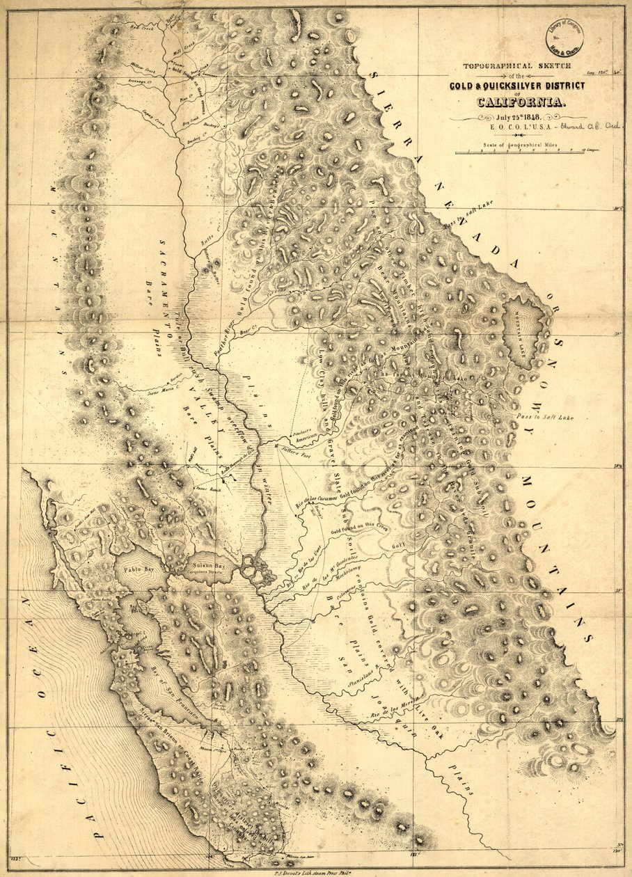 Szkic topograficzny dzielnicy złota i rtęci w Kalifornii, 1848 autorstwa Edward Otho Cresap Ord