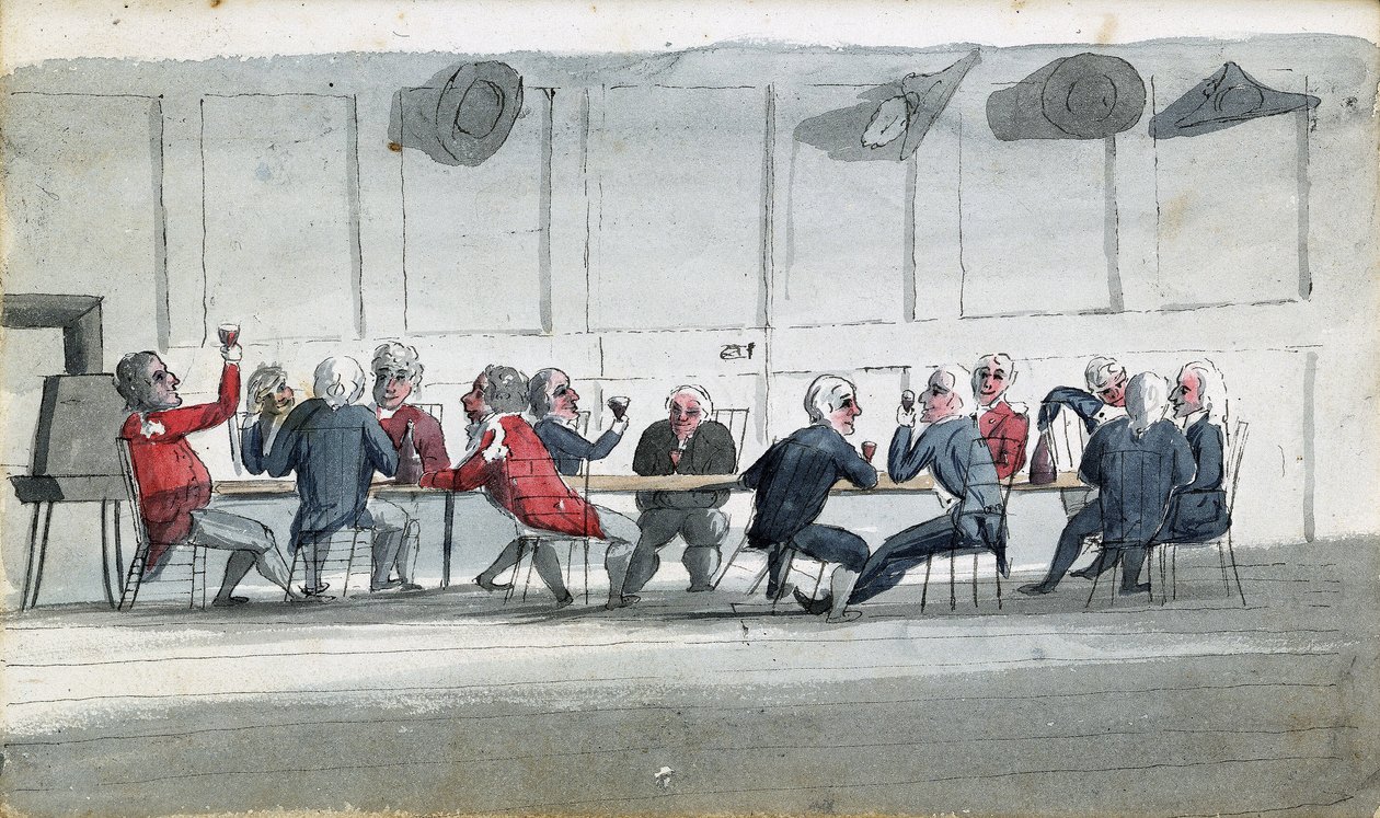 Mesa oficerska, karykatura przedstawiająca oficerów marynarki wojennej pijących wino. Rysunek Edwarda Pelhama Brentona (1774-1839), pokolorowany akwarelą autorstwa Edward Pelham Brenton