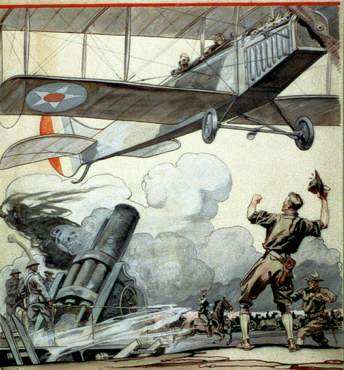 Samolot, działo artyleryjskie i żołnierze autorstwa Edward Penfield