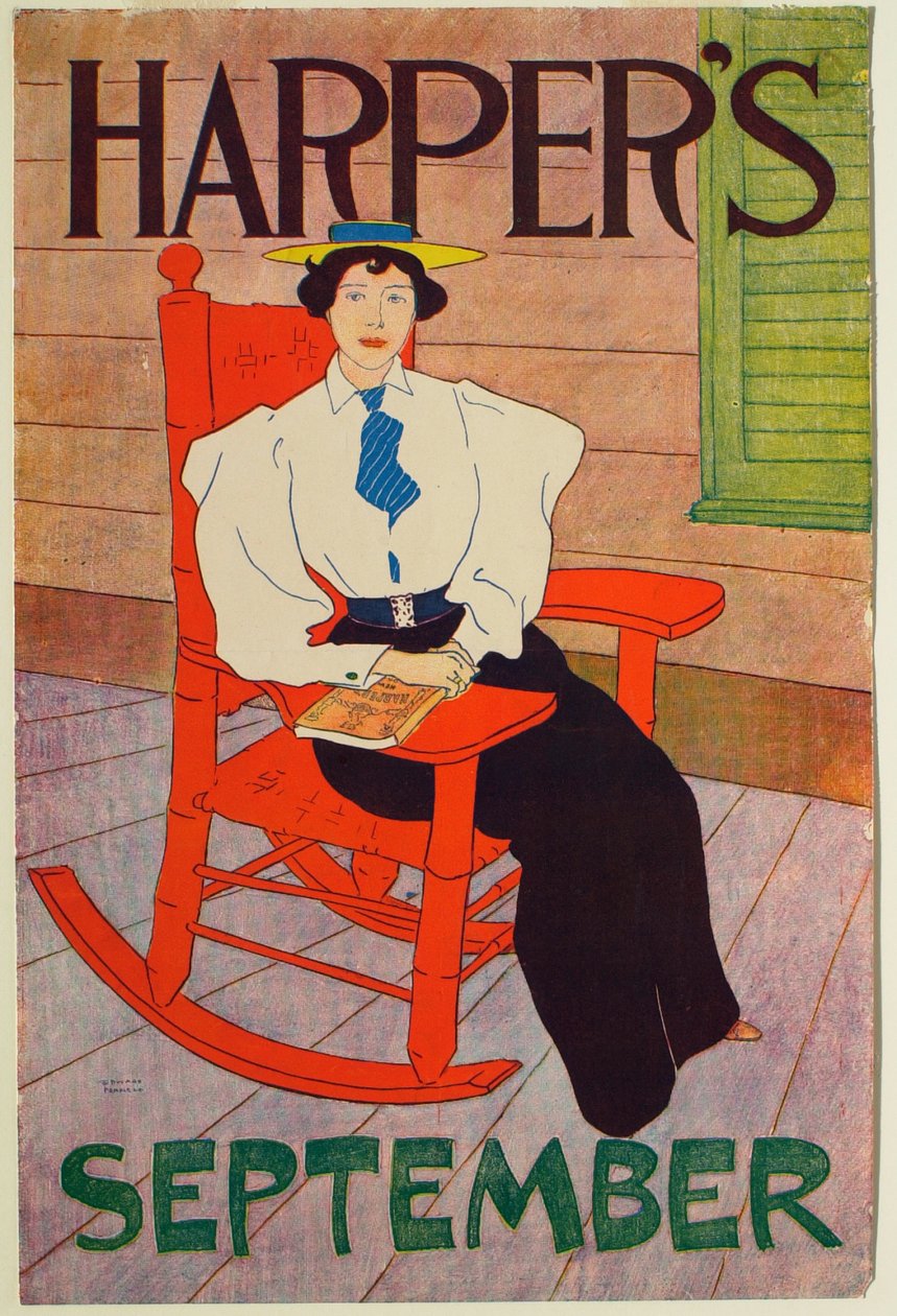 Junge Frau in rotem Schaukelstuhl, September Harper