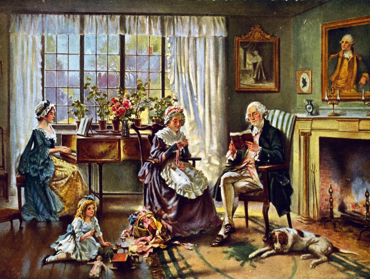George Washington (1732-1799) Pierwszy prezydent Stanów Zjednoczonych Ameryki (1789-1797). Waszyngton w domu z rodziną. Według obrazu Edwarda P. Morana (1862-1935). autorstwa Edward Percy Moran