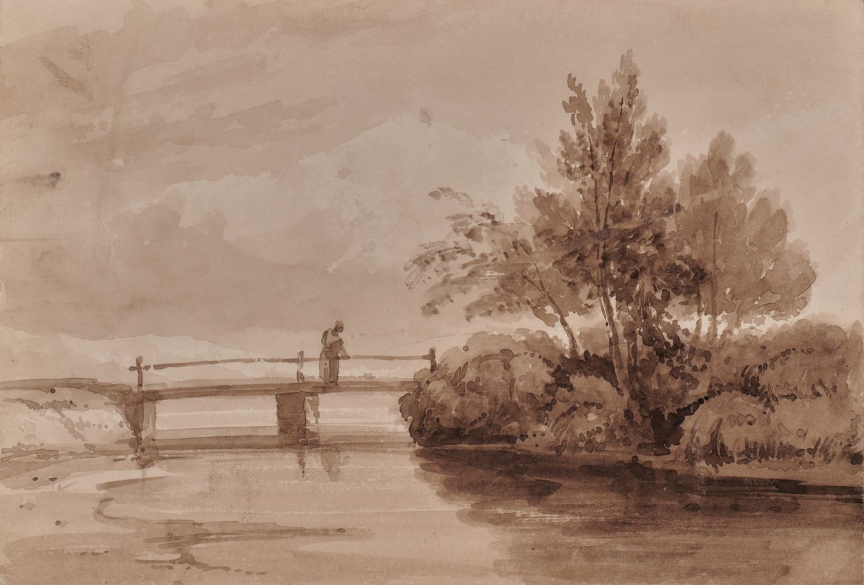 Scena rzeczna z drewnianym mostem i figurą autorstwa Edward Pretty