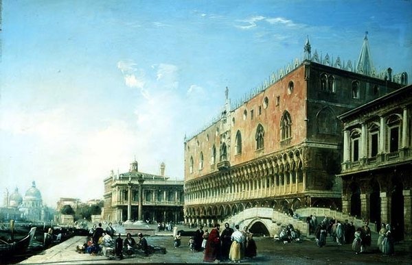 Piazzetta, Wenecja, z licznymi figurami przy Pałacu Dożów (olej na płótnie) autorstwa Edward Pritchett