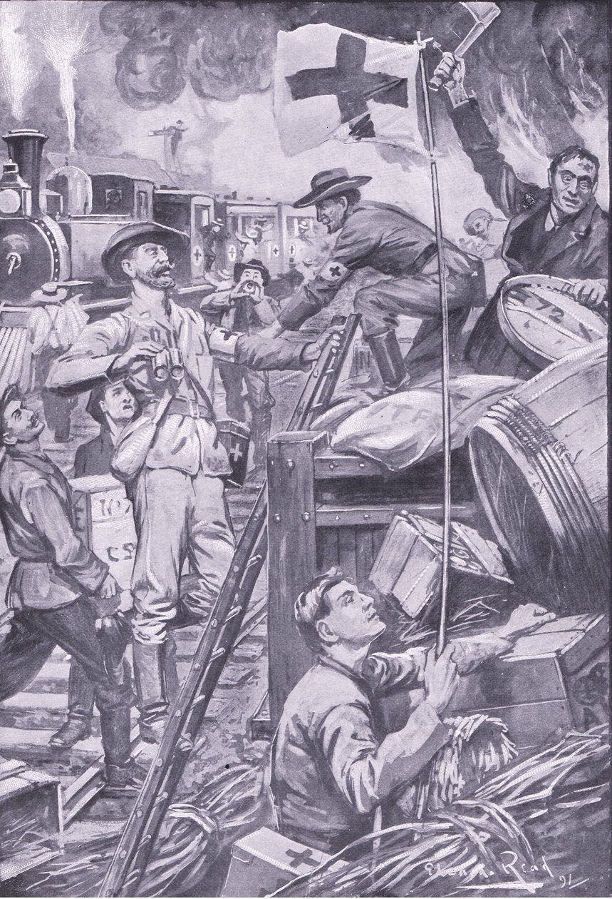 Fałszywy karetka pogotowia niszcząca sklepy w Komati Foort pod osłoną flagi Czerwonego Krzyża, ilustracja z filmu After Pretoria: The Guerilla War, 1902 autorstwa Edward Read