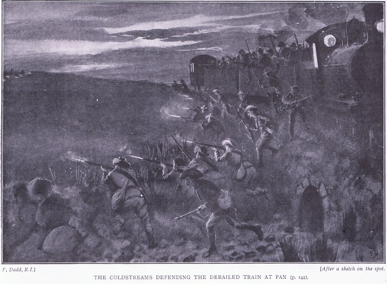 Coldstreams broniący wykolejonego pociągu, ilustracja z filmu After Pretoria: The Guerilla War, 1902 autorstwa Edward Read
