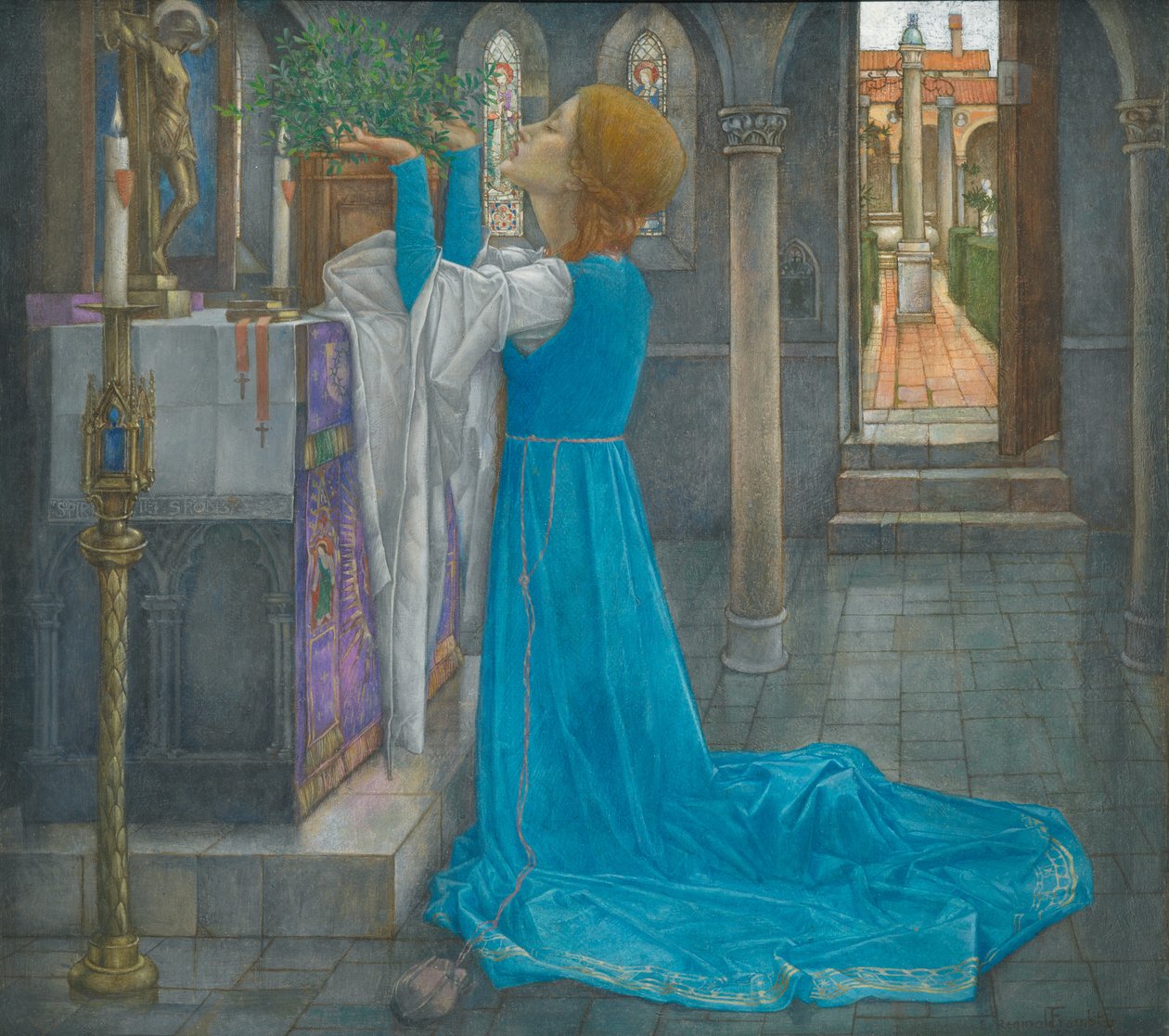 Izabela i garnek bazylii (tempera na płótnie) autorstwa Edward Reginald Frampton