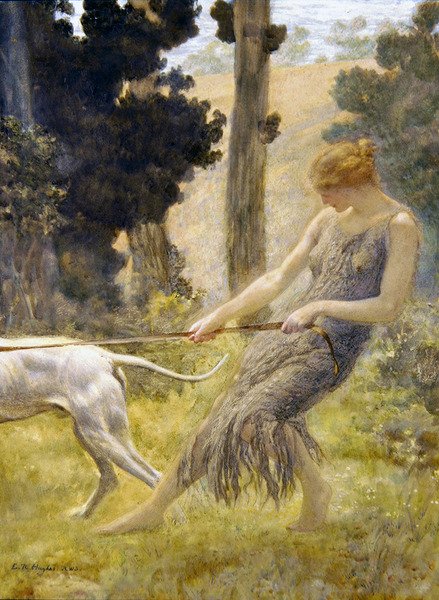 Kobieta wyprowadzająca psa (tempera na pokładzie) autorstwa Edward Robert Hughes