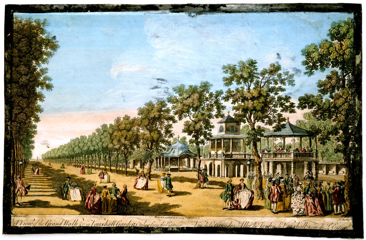 „Widok na Grand Walk itp. w Vauxhall Gardens zaczerpnięty z wejścia”, Londyn, c1760 autorstwa Edward Rooker