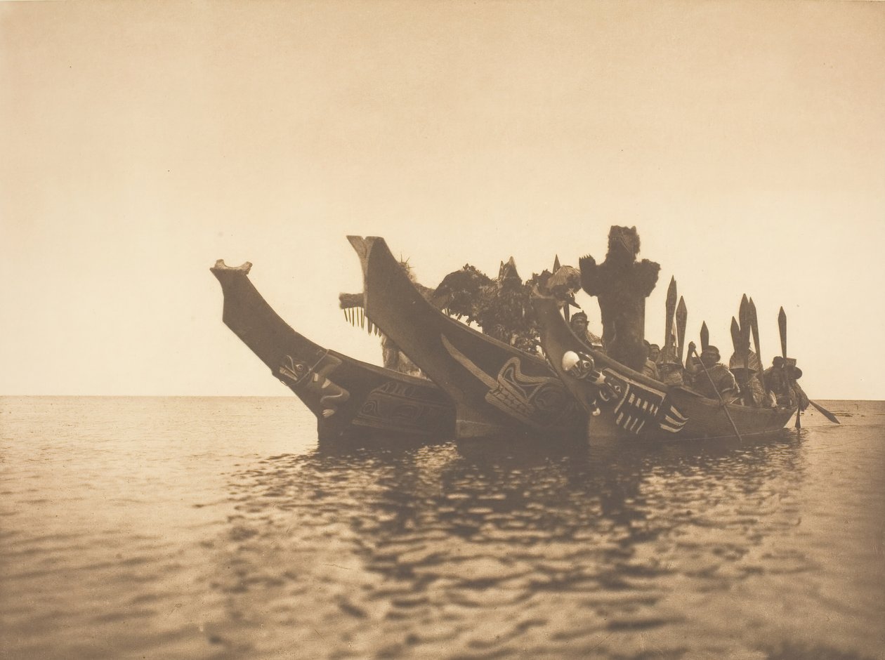 Zamaskowani tancerze w kajakach - Qagyuhl A, 1914. autorstwa Edward Sheriff Curtis