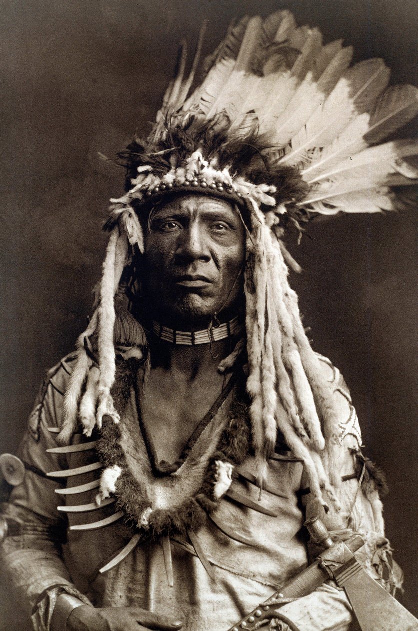 Ogon łasicy (Apohsuyis). Portret wodza Indian z plemienia Piegan ma na sobie słynne pióro orła i nakrycie głowy łasicy, zamszową tunikę, dwa naszyjniki, jeden z kości, a drugi z pazurami grizzly, oraz fajkę tomahawk autorstwa Edward Sheriff Curtis