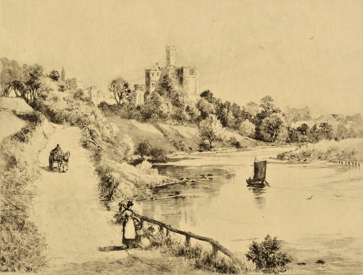 The Coquet: Warkworth Castle od drogi do Amble, ok.1880 (akwaforta) autorstwa Edward Slocombe