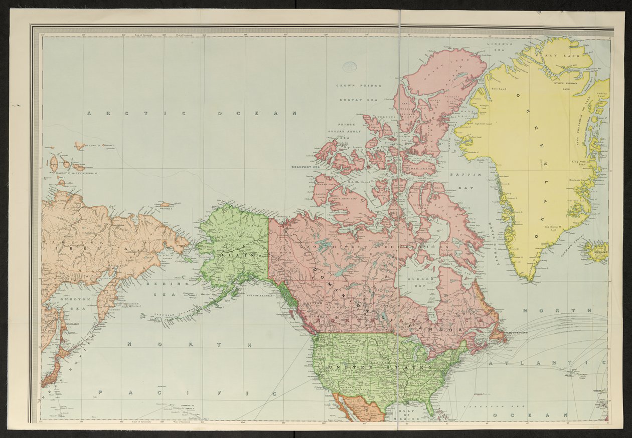 Mapa obejmująca Syberię; Alaska; Kanada; Stany Zjednoczone; i Grenlandii, New Library Chart of the World Stanforda autorstwa Edward Stanford