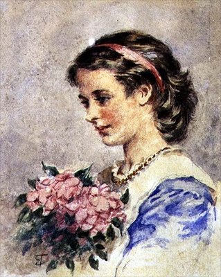 Młoda dziewczyna z pękiem różowych kwiatów (akwarela, ołówek, papier) autorstwa Edward Tayler