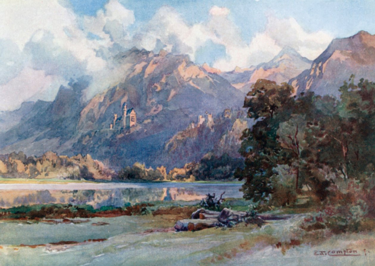 Neuschwanstein i Hohenschwangau (kolorowa litografia) autorstwa Edward Theodore Compton