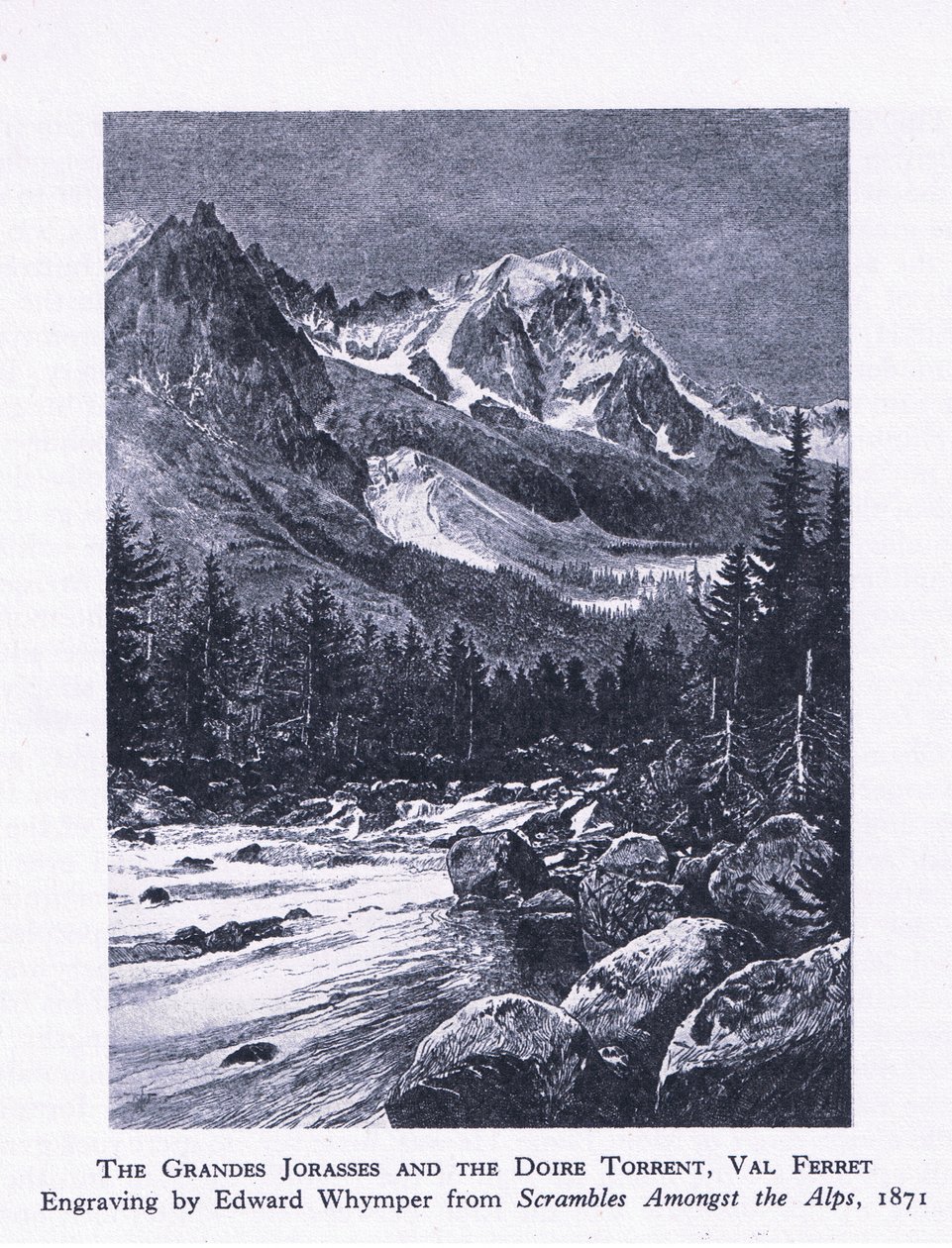 Grand Jorasses and the Doire Torrent, Val Ferrett, z British Adventure wydanego przez Collins, 1947 autorstwa Edward Whymper