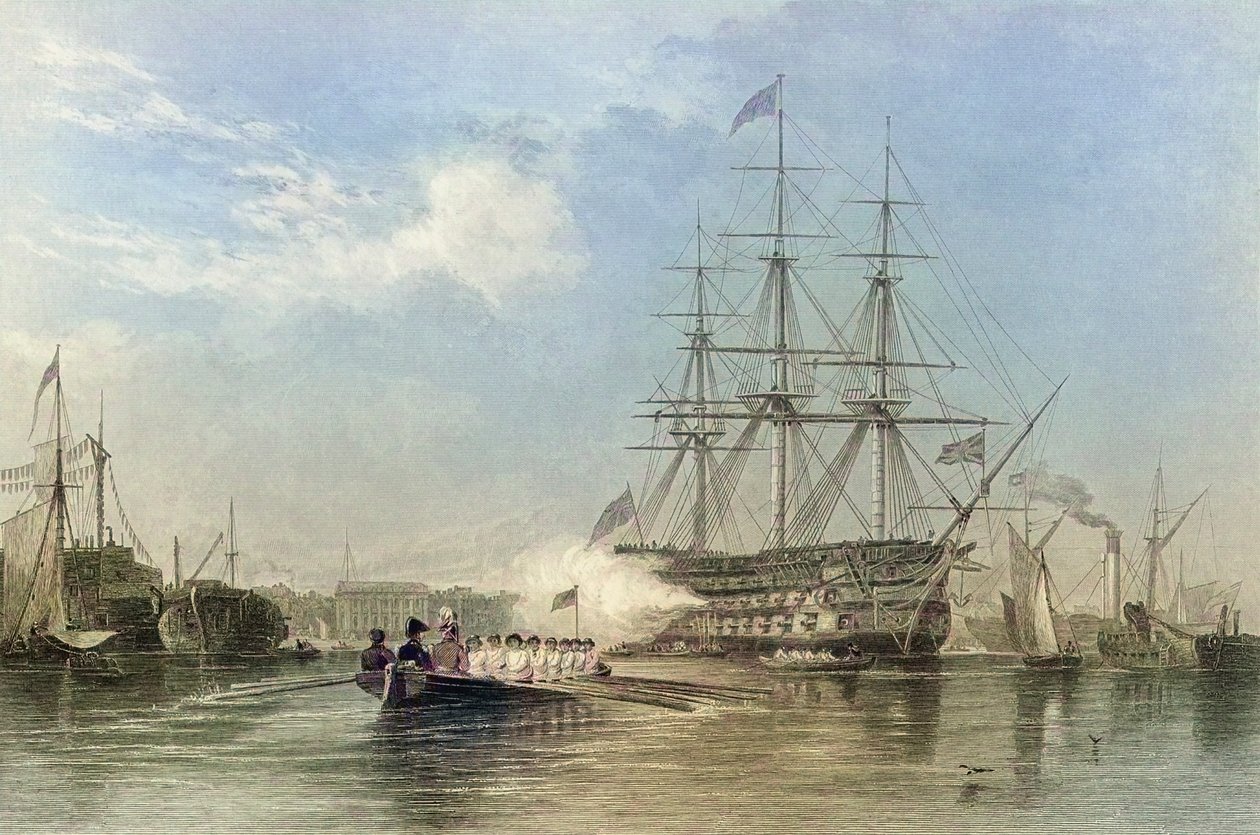 Flagowy okręt brytyjskiej marynarki wojennej pozdrawia w porcie Gosford w Anglii. XIX wiek (grafika) autorstwa Edward William (after) Cooke