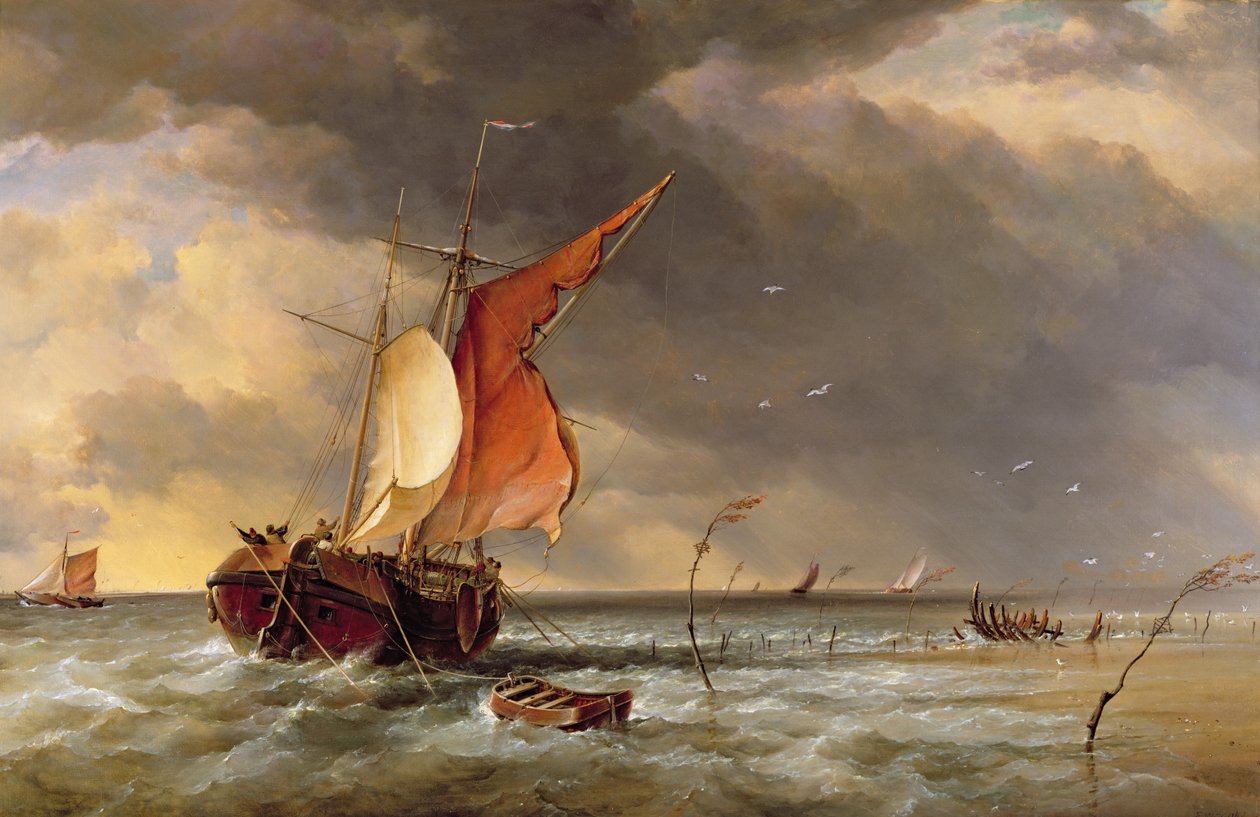 Holenderski Galliot na mieliźnie na mieliźnie na Bies Bosch, Holandia, 1878 autorstwa Edward William Cooke