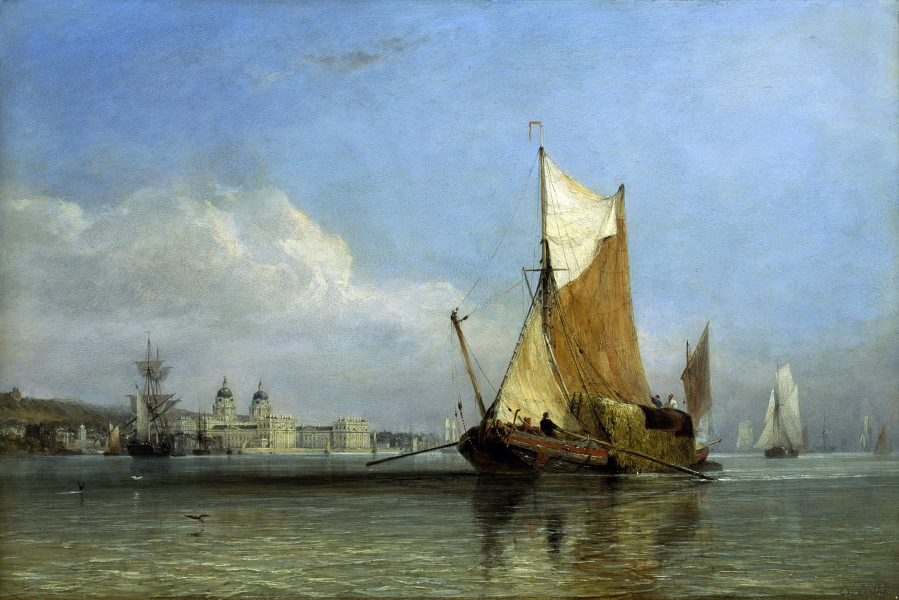 Barka pełna siana u wybrzeży Greenwich, na Tamizie (Anglia), rodzaj łodzi o płaskim dnie, praktycznej do wpływania do potoków farm Suffolk i Margate, płynęła tam i z powrotem do serca Londynu, aby dostarczać siano dla setek koni w stolicy i na całym świeci autorstwa Edward William Cooke