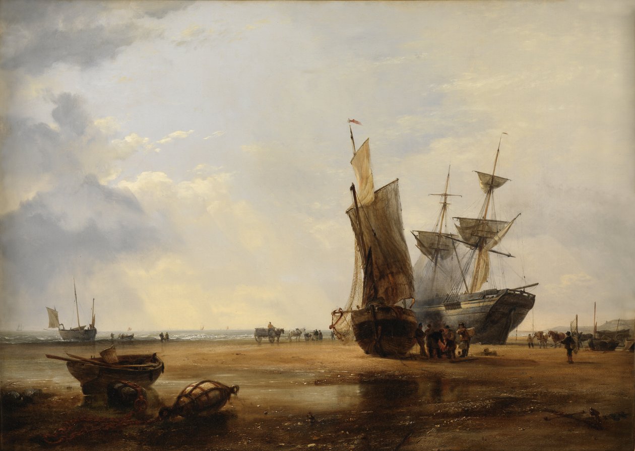 Brig on Sands: Statki na piaskach w Hastings , 1836 autorstwa Edward William Cooke