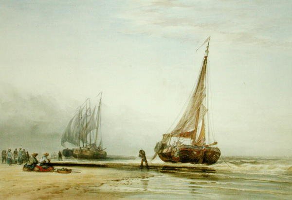 Holenderskie łodzie rybackie na plaży z grupami rybaków autorstwa Edward William Cooke