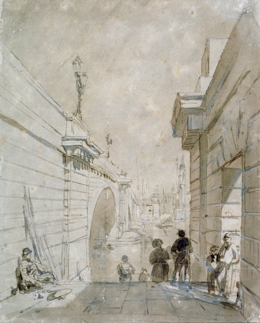 London Bridge patrząc na północ od górnego podestu schodów w pobliżu Tooley Street, 1833 autorstwa Edward William Cooke