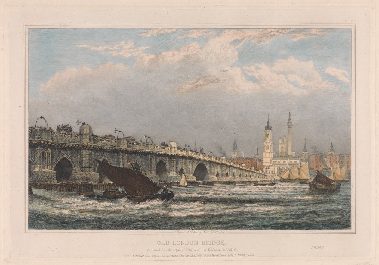 Stary London Bridge po naprawie z 1700 roku do 1831/1832 autorstwa Edward William Cooke