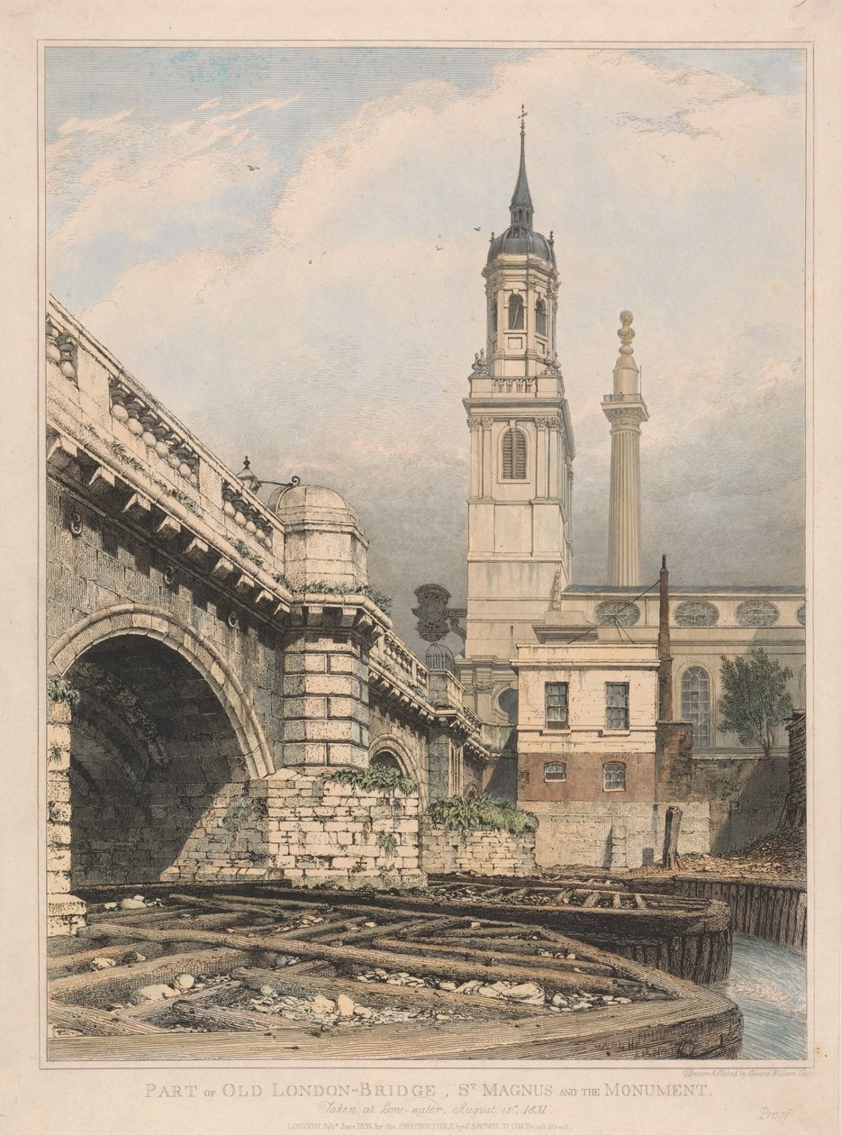 Fragment starego mostu londyńskiego, kościół św. Magnusa i Pomnik autorstwa Edward William Cooke