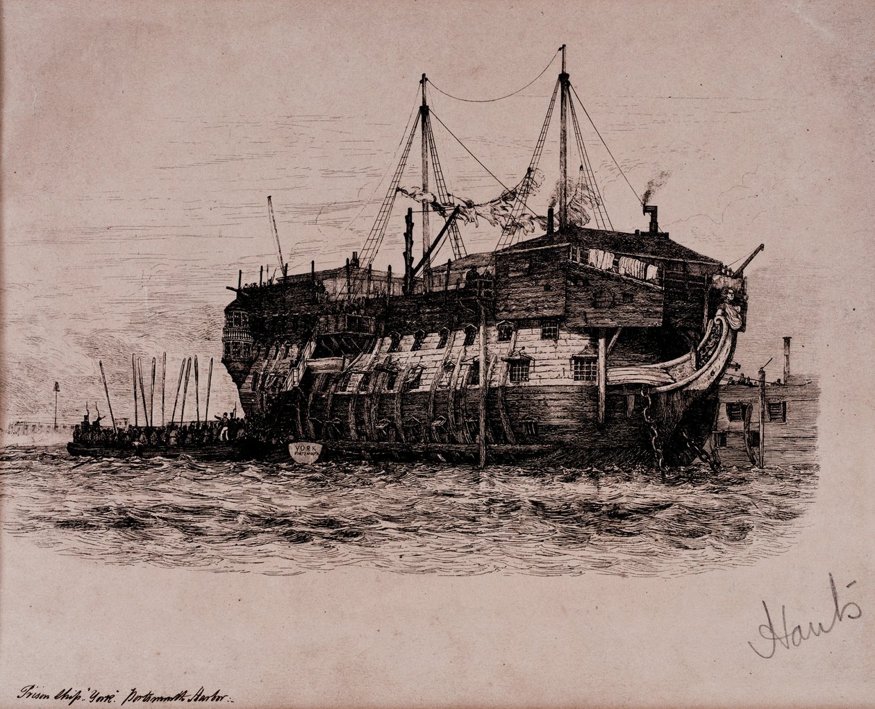 Statek więzienny York w porcie Portsmouth autorstwa Edward William Cooke