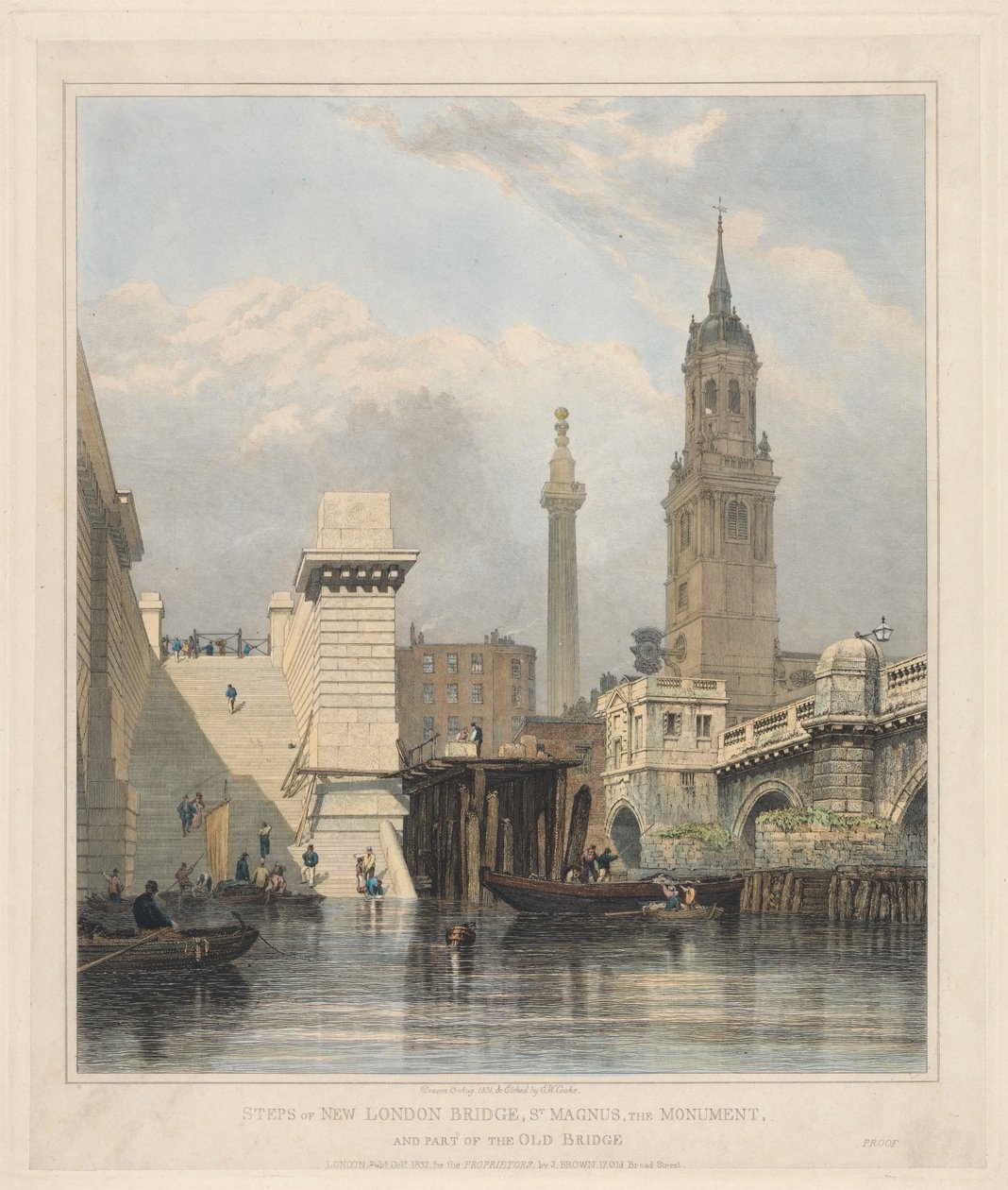 Schody nowego London Bridge, św. Magnus, Monument i część starego mostu autorstwa Edward William Cooke