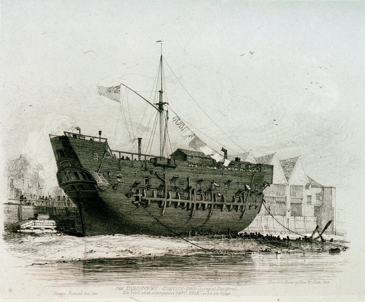 Statek skazańców "Discovery" (leżący w Deptford), statek, który towarzyszył kapitanowi Cookowi w jego ostatniej podróży. autorstwa Edward William Cooke