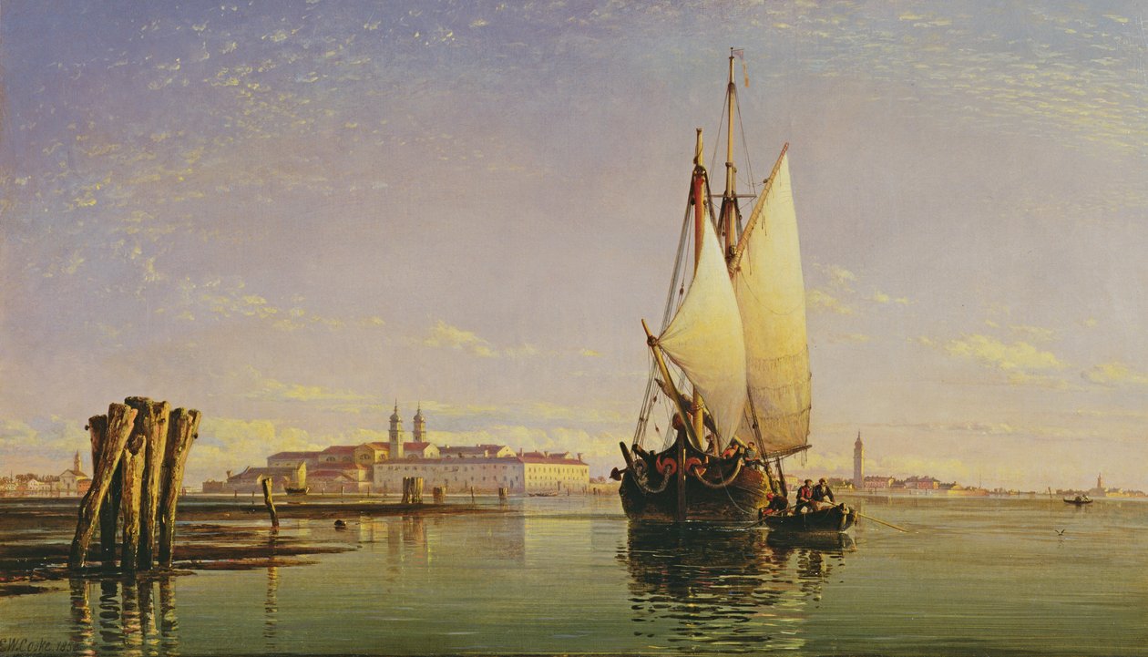 Wzgórza Euganejskie i Laguna Wenecka - Trabaccola Czekając na przypływ, zachód słońca, 1853 autorstwa Edward William Cooke