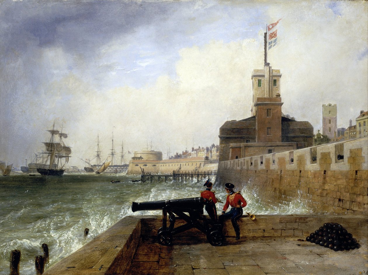 Wieża semaforowa przy wejściu do portu Portsmouth (Anglia), na Platformie Zbawienia, z dwoma żołnierzami siedzącymi na murku obok armaty, w tle opis miasta i molo z okrągłą wieżą autorstwa Edward William Cooke